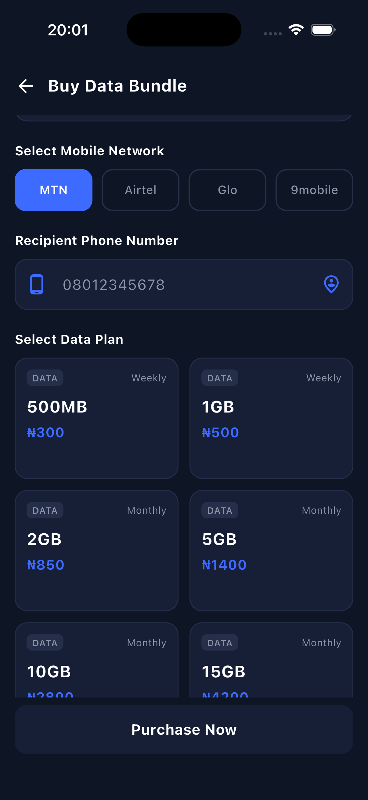 A2Z Data buy data screen with live pricing