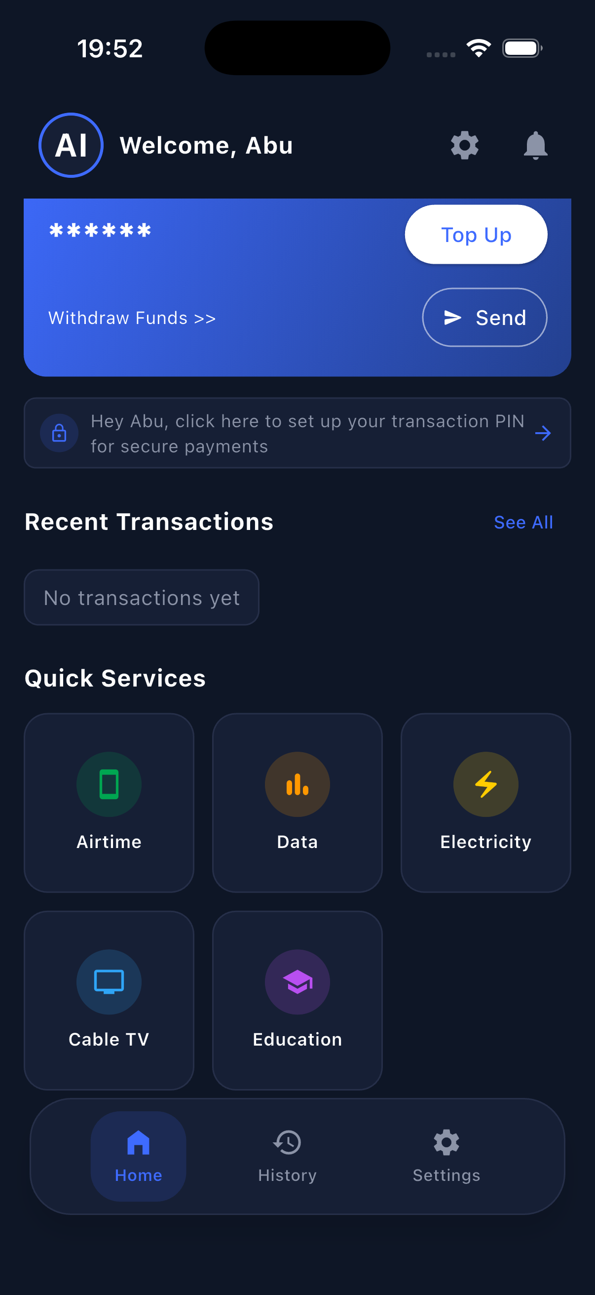 A2Z Data dashboard showing wallet balance and quick services